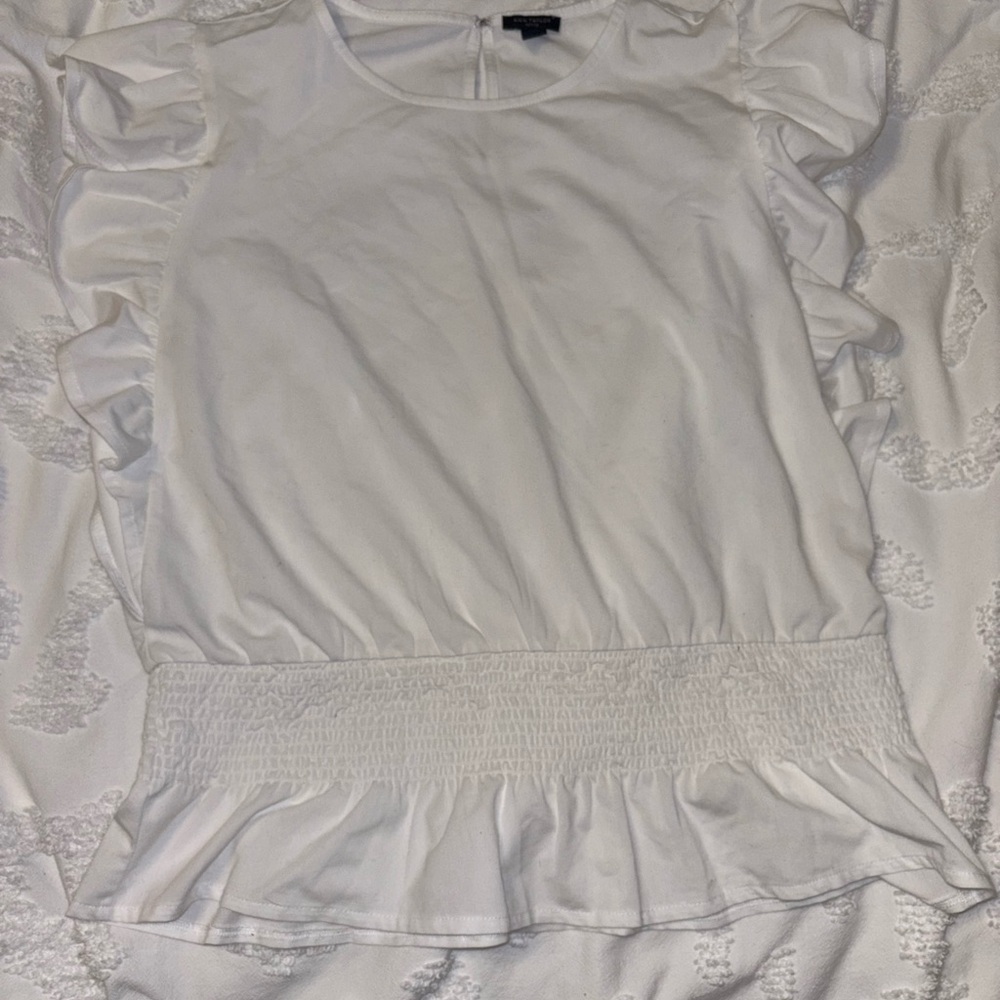 Ann Taylor White Ruffle-Sleeve Smocked Waist Blouse